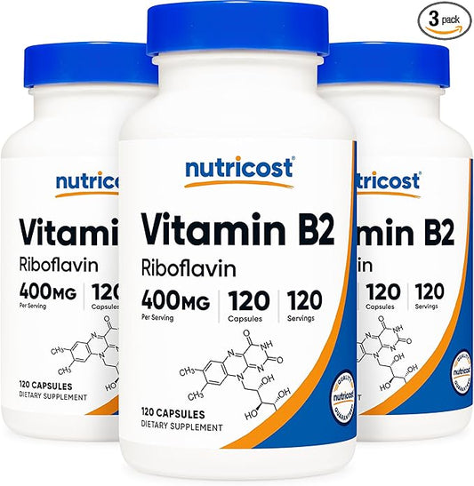Nutricost Vitamin B2 (Riboflavin) 400mg, 120 Capsules (3 Bottles)