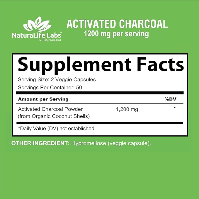 Activated Charcoal Capsules - 1,200 mg Highly Absorbent Helps Alleviate Gas & Bloating Promotes Natural detoxification Derived from Coconut Shells - per Serving - 100 Vegan Capsules