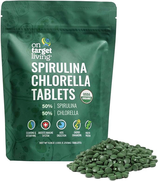 On Target Living Organic Spirulina Chlorella | Supergreens | USDA Organic | 1000 Tablets- 250 G (8.8 oz) | Vegan | Immune Support | Alkalyzing | Nutrient Dense | Protein Dense