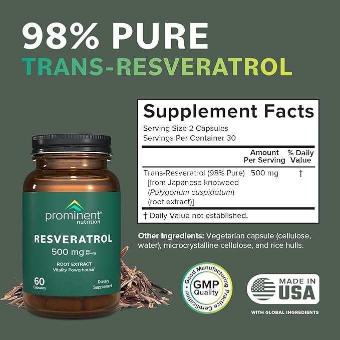 Prominent Nutrition Resveratrol Supplement, Anti-Aging and Immune Support, 98% Pure Trans-Resveratrol Supplement, 500 mg, 30 Day Supply