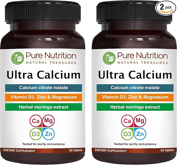 Pure Nutrition Ultra Calcium 1000mg with VIT D3 + K2 | 180 Tabs (90 X Pack of 2) | Highly absorbable Calcium Supplement with Calcium Citrate Malate, VIT D3, K2, Moringa Oleifera, Magnesium and Zinc.