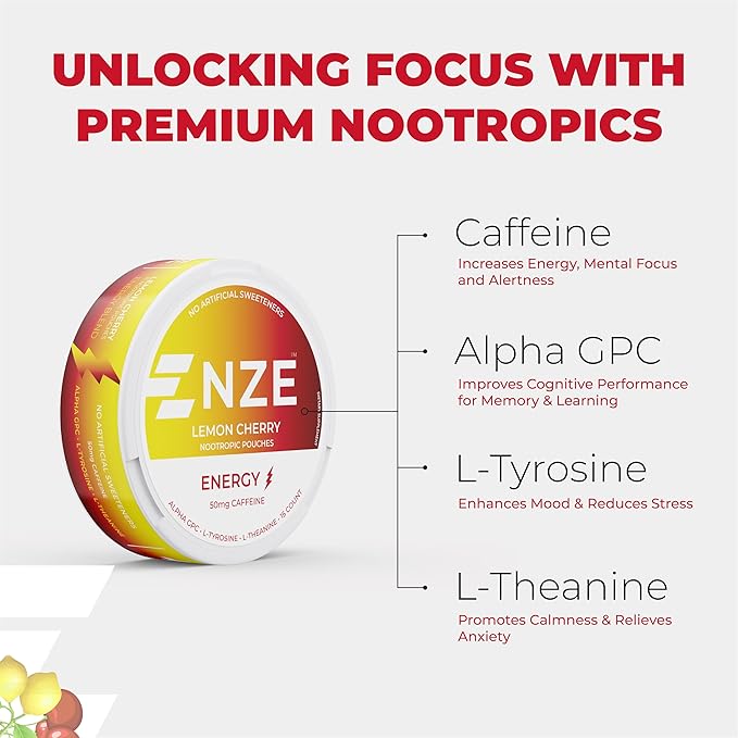 NZE Caffeine Nootropic Pouches (Lemon Cherry) - Energy Pouches with 50mg Caffeine, Alpha GPC, L-Tyrosine & L-Theanine No Sugar or Artificial Sweeteners - 15 Nicotine Free Pouches Per Can - 5 Pack