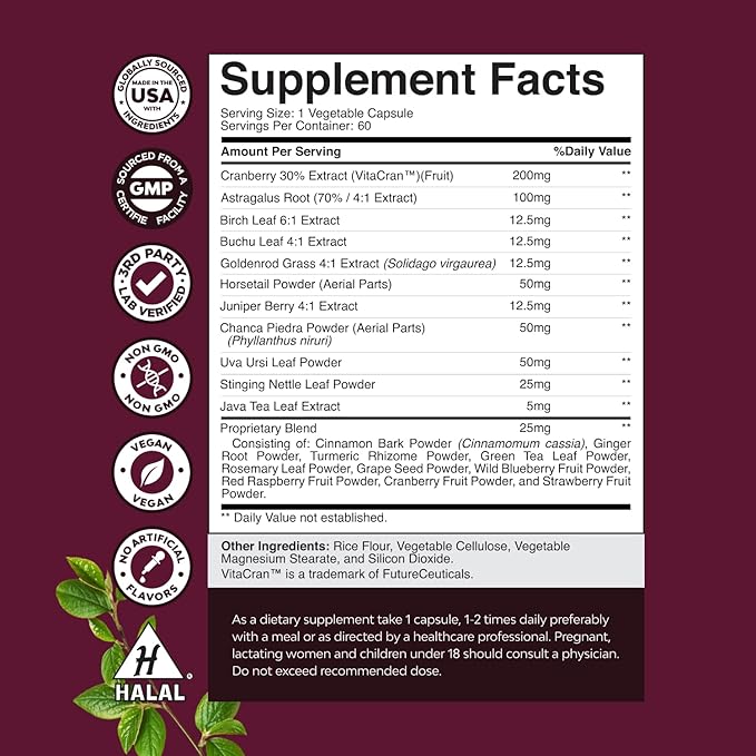Advanced Kidney Support Supplement - Kidney Cleanse Detox & Repair Cranberry Extract Capsules with Uva Ursi, Stinging Nettle & Astragalus for Kidney Health - Urinary Tract Health - 60 Caps