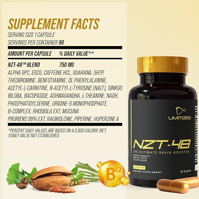 NZT-48 Brain Booster | Nootropic Brain Supplements for Memory and Focus | Premium Natural Energy Supplement with Caffeine, Phosphatidylserine, Vitamins B6 & B12, Ashwagandha | 90 Servings