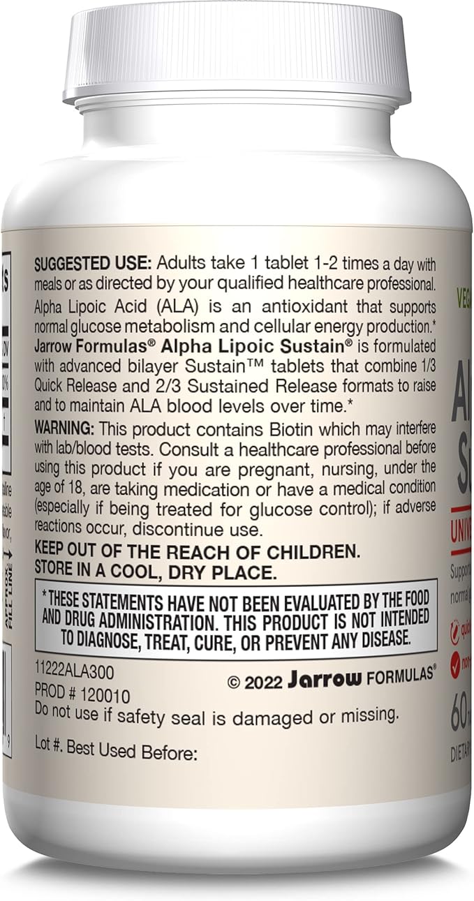 Jarrow Formulas Alpha Lipoic Sustain with Biotin, 300 mg Alpha Lipoic Acid, Universal Antioxidant, Dietary Supplement, 60 Vegan Tablets, Up to a 60 Day Supply
