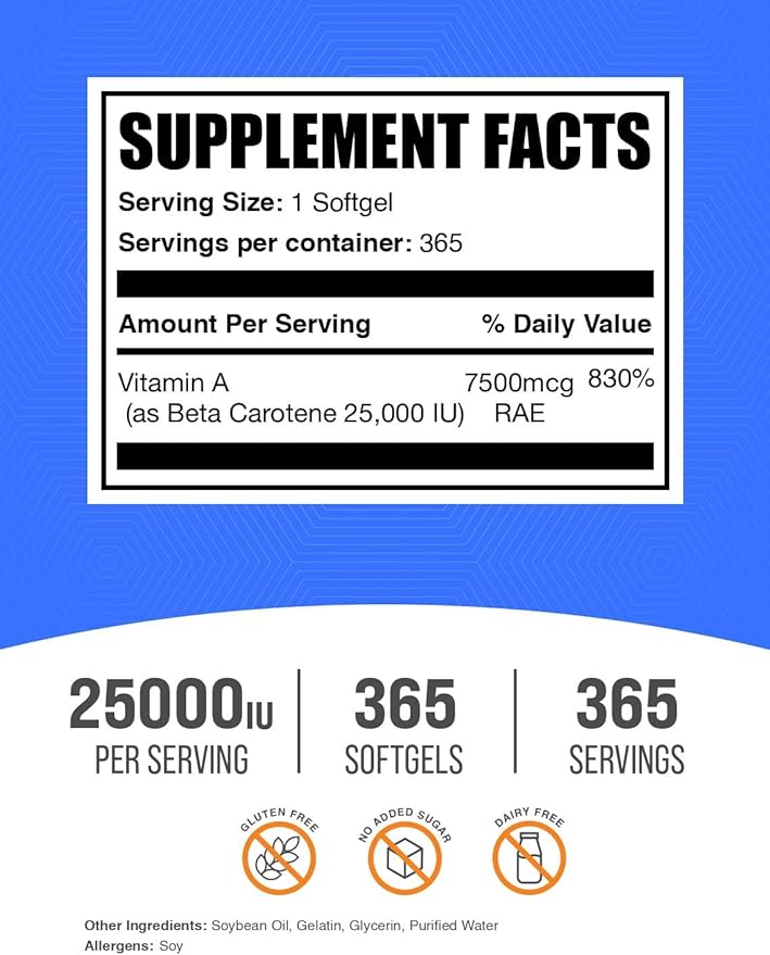 BulkSupplements.com Beta Carotene 25000 IU Softgels - Vitamin A Supplement, Beta Carotene Supplements - for Eye Support, Gluten Free, 1 Softgel per Serving, 365 Count (Pack of 1)