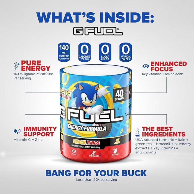 G Fuel Sonic Energy Drink Powder, Pre Workout Caffeine Mix for Gaming, Sugar Free Focus Amino, Vitamin + Antioxidants, 9.8oz (Peach Ring Candy, 40 Servings)