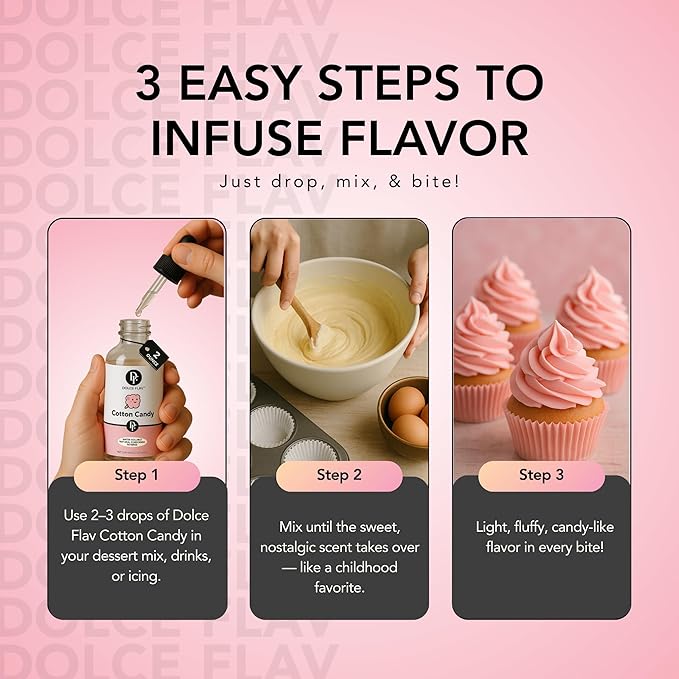 Dolce Flav Natural Cotton Candy Extract – 2 Ounce Water-Soluble Kosher, Sugar-Free, Concentrated Carnival-Style Flavoring for Baking, Frostings & Drinks, Includes Measured Dropper