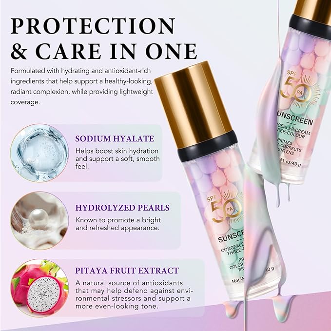 3 Color Sunscreen Concealer Cream, SPF50+ Face Moisturizing Sunscreen Skin Tone Correcting Isolation Cream, Even Skin Tone & Natural Radiance, Oil-Control & Hydrating Color Correcting Makeup Primer