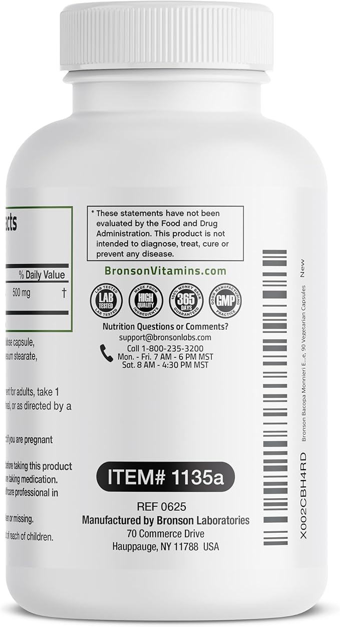 Bronson Bacopa Monnieri Extract 500 mg - Promotes Mental Clarity and Brain Function - Non GMO, 90 Vegetarian Capsules