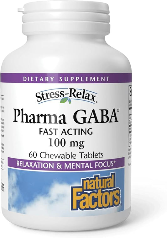 Natural Factors Stress-Relax Chewable Pharma GABA 100 mg, Non-Drowsy Stress Support for Relaxation and Mental Focus, Tropical Fruit Flavor, 60 Tablets