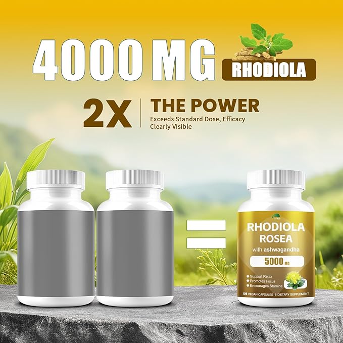 4000MG Rhodiola Rosea with Ashwagandha,Organic Rhodiola Rosea Supplement,Natural Adaptogen for Clarity & Vitality, 120 Capsules