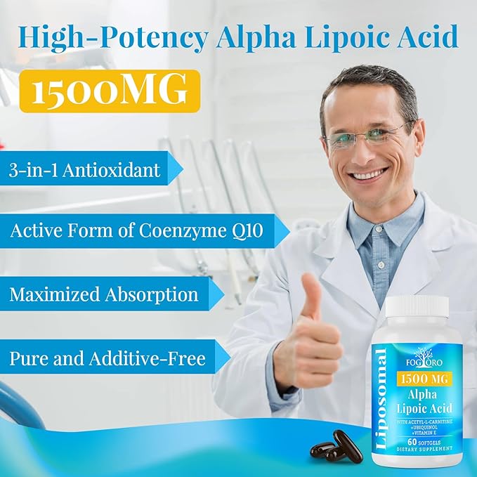 Fogoro Alpha Lipoic Acid 1500 mg-Liposomal ALA Supplement for Cellular Energy Production,Lipid Metabolism,Free Radical Scavenger,60 Softgels