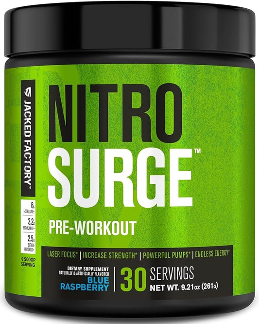 Jacked Factory NITROSURGE Pre Workout Supplement - Energy Booster, Instant Strength Gains, Clear Focus & Intense Pumps - NO Booster & Powerful Preworkout Energy Powder - 30 Servings, Blue Raspberry