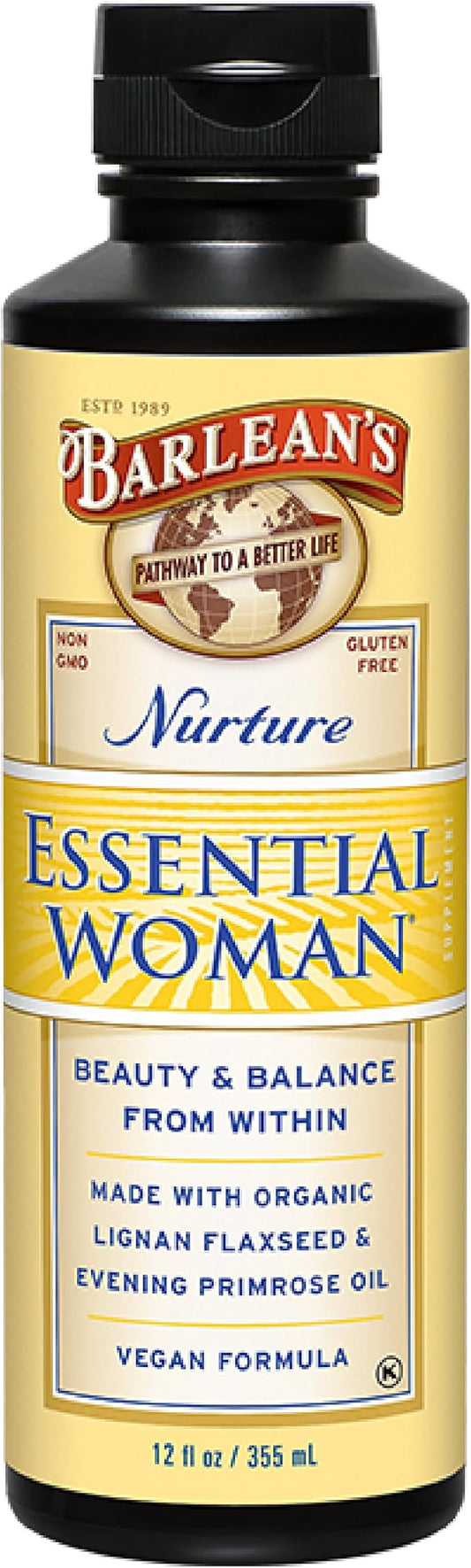 Barlean's Essential Woman Liquid Supplement for Women, Organic Flaxseed and Evening Primrose Oil for Healthy Hair, Nails and Skin, Omega 3 6 9 and GLA, 12 oz