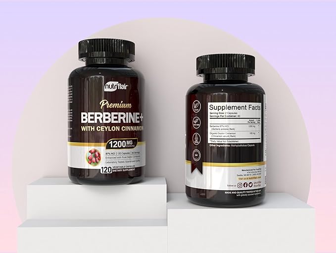 NutriFlair Berberine 97% HCl with Ceylon Cinnamon Supplement, 120 Capsules – High Potency, Premium Quality, Vegan-Friendly – 60 Servings