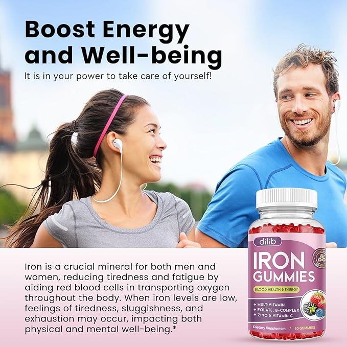 Iron Gummies with Multivitamin, Iron Supplement for Women & Men, Kids Multivitamin with Iron, Zinc, Vitamin B Complex & C, B12, Folate - Blood Builder, Energy Support, Peach Flavor, Vegan 120 Gummies