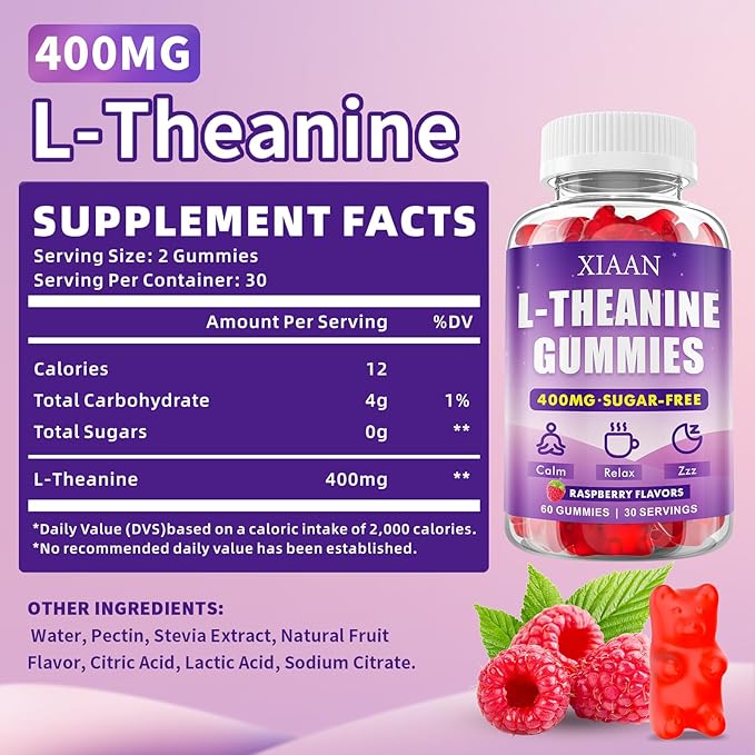 L-Theanine Gummies for Kids & Adults, L'Theanine 400mg Chewable L Theanine Supplement for Calm, Zzz & Relaxation Support, Vegan, Organic, Raspberry Flavor, 120 Counts