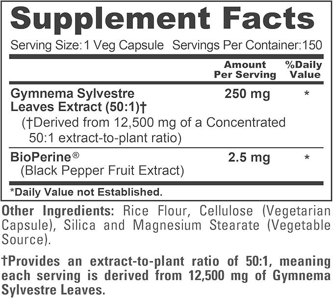 NusaPure Gymnema Sylvestre 50:1 Extract, 250 mg Equivalent to 12,500mg Per Vegan Caps - 150 Count (Non-GMO, Vegan, Bioperine)