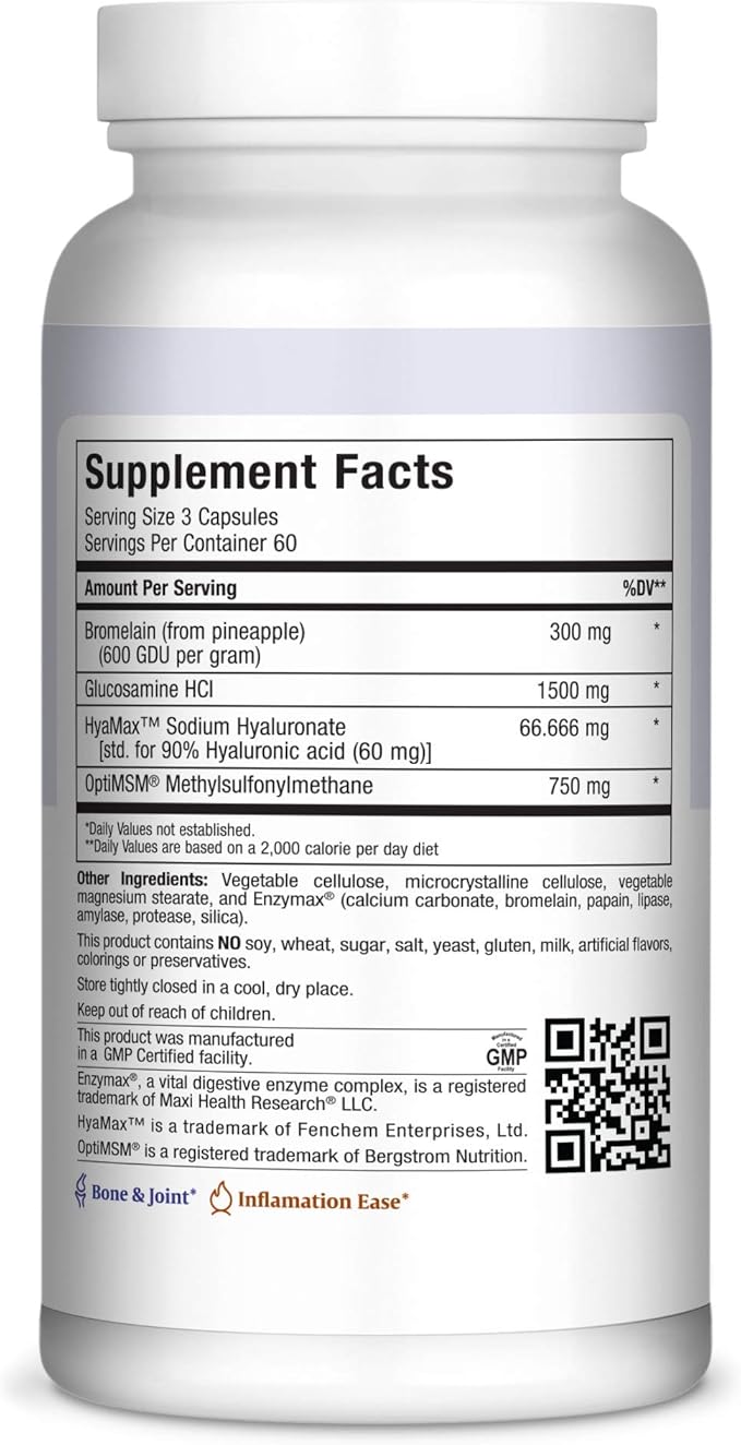 Glucosamine MSM and Hyaluronic Acid with Bromelain Supplement – Joint Support Supplement for Women and Men with Enzymes and Hyaluronic Acid – for Cartilage, Joint Health and Flexibility – 180 Count