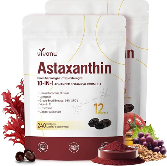 Astaxanthin 12mg, 480 Softgels, Fresh Haematococcus Pluvialis 10 in 1 Astaxanthin Antioxidant Supplements, Contains Lycopene, Grape Seed, Vitamin E, Supports Eye Joints Skin Health, 2Bag