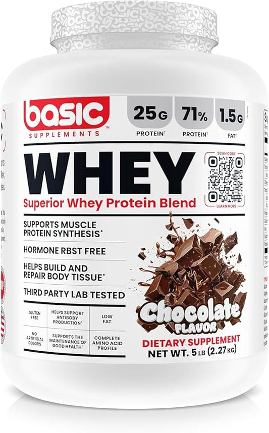 Whey Protein Powder, 25g Protein, Complete Amino Acid Profile, Gluten-Free, Low Fat, RBST-Free, Supports Muscle Recovery & Antibody Health (5 Pound, Chocolate)