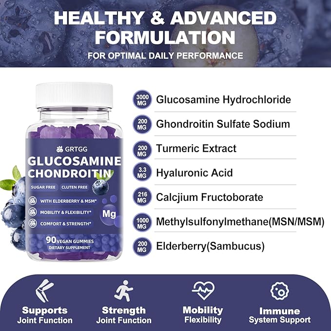 Glucosamine Chondroitin Gummies with MSM & Elderberry Extra Strength 3000MG - Joint Support, Antioxidant Immune Support Supplement for Adults, Men & Women - 90 Blueberry Gummies