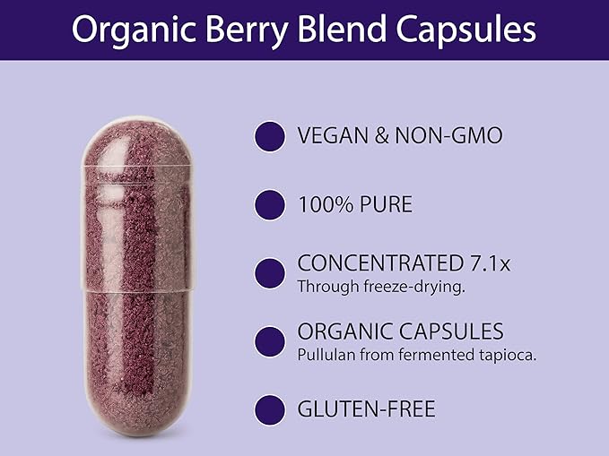 KOYAH Organic Berry Blend Capsules – Antioxidants & Polyphenols - 600 mg - Freeze-Dried (7.1x Concentrated) - Vegan, Non-GMO, Allergen-Free, Gluten-Free, 100% Whole-Berry - 60 Capsules