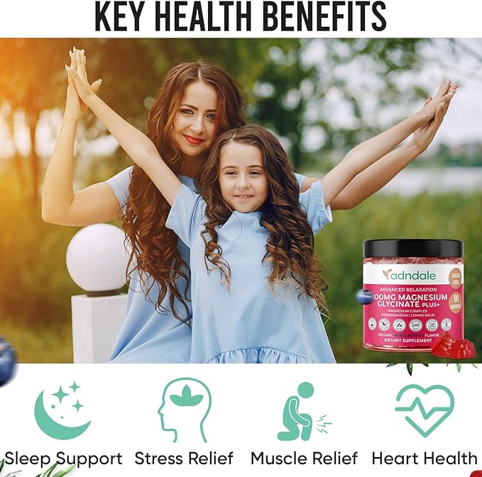 Adndale 90 CT Magnesium Glycinate Gummies 400 mg/Serv with Ashwagandha, Magnesium Malate & Taurate, Sugar Free Chews for Adults & Kids Relaxation, Stress Relief, Night Rest, Muscle & Cardio Support