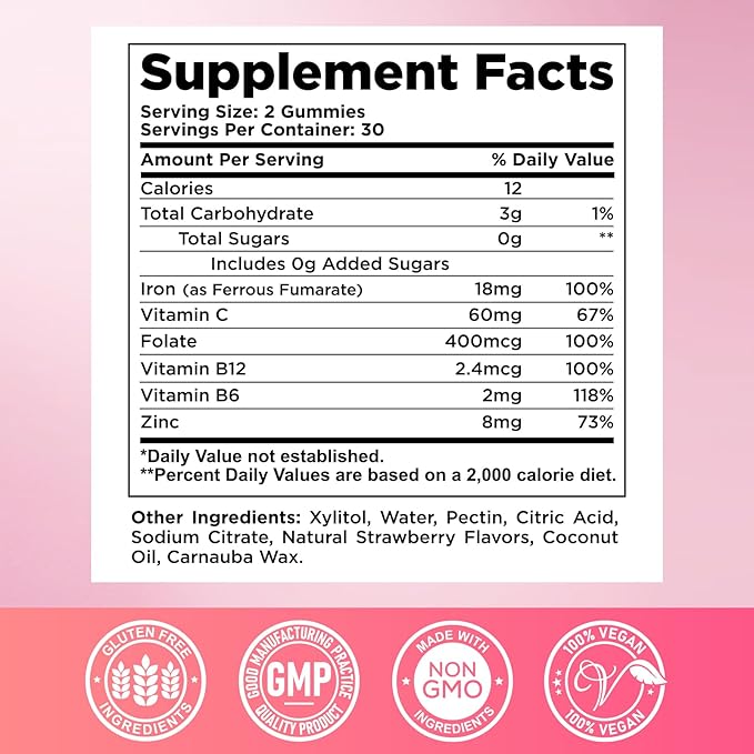 2 Pack Iron Gummies for Women & Men - Iron Supplement with Vitamin B6, B12, C, Zinc, Folate for Adults & Kids - Support Iron Deficiency, Anemia, Energy Boost, Blood Builder - Sugar Free Strawberry
