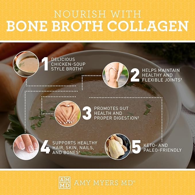 Amy Myers MD Bone Broth Collagen Powder - Organic Chicken Bone Broth - Supports Healthy Skin & Nails - for Gut Health & Joint Support - 20 Servings, Chicken Flavor