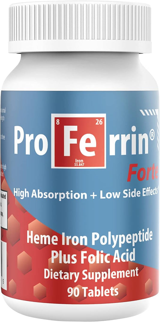 Proferrin Forte-12mg of high Absorbing Heme Iron Polypeptide. Easy on The Gut. 90 Tablets. 1mg of Folic Acid to aid in red Blood Cell Production. Not affected by Coffee, Calcium, or PPI's.