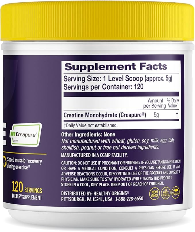 Healthy Origins® Performance Creatine with Creapure®, Unflavored Micronized Powder, Supports Muscle Function, Energy & Recovery, 21.2oz (600g), 120 Servings