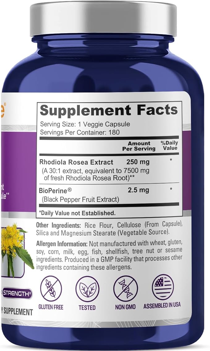NusaPure Rhodiola Rosea 7,500mg 180 Veggie Capsules (Non-GMO, Extract 30:1, Vegan & Gluten-Free) Bioperine