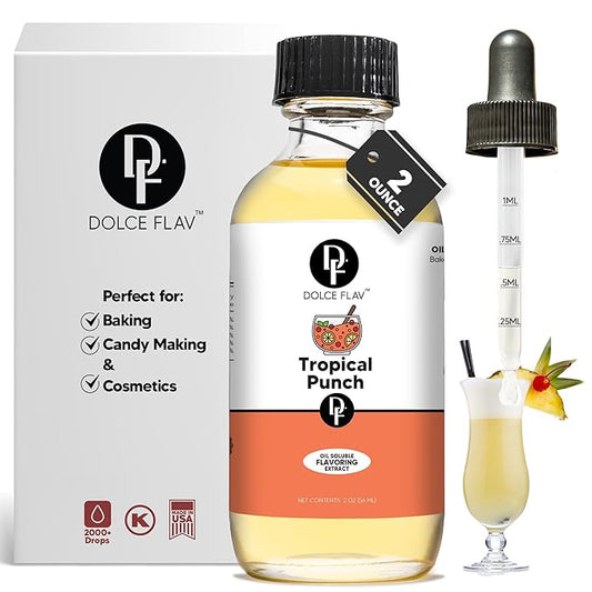 Dolce Flav Tropical Punch Extract – 2 Ounce Oil-Soluble Kosher, Sugar-Free, Concentrated Fruity Tropical Punch Flavoring for Baking, Smoothies & Desserts, Includes Measured Dropper