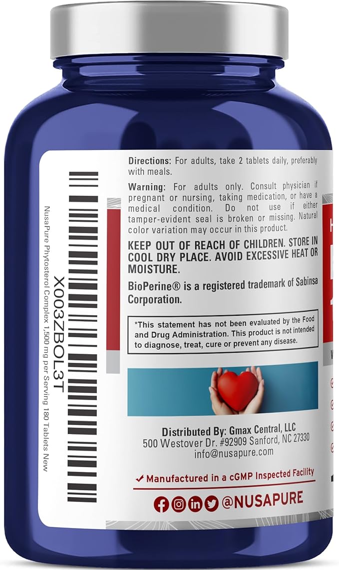 NusaPure Plant Sterols 1500 mg - 180 Tablets (Non-GMO, Vegan) Beta Sitosterol, Bioperine