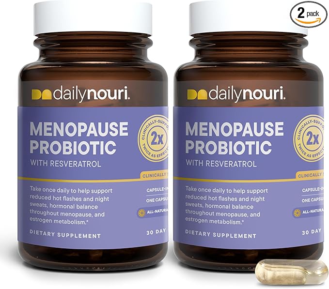 Nouri Daily Menopause Probiotic | Supports Hormonal Balance, Estrogen, Hot Flashes, Night Sweats, Bloating & Gut Health | 3 Clinically Studied Strains + Resveratrol & Vegan Omega Oil | 30-Day Supply