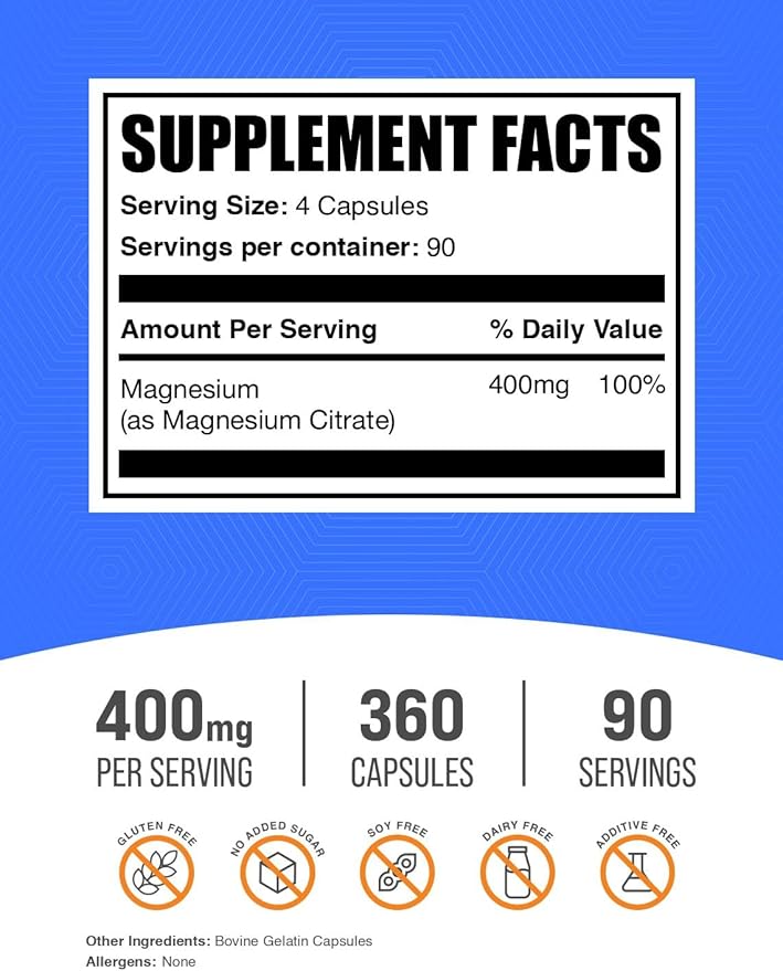 BulkSupplements.com Magnesium Citrate Capsules - Magnesium Supplement, Magnesium Citrate 400mg - Gluten Free, 4 Capsules per Serving, 360 Count (Pack of 1)