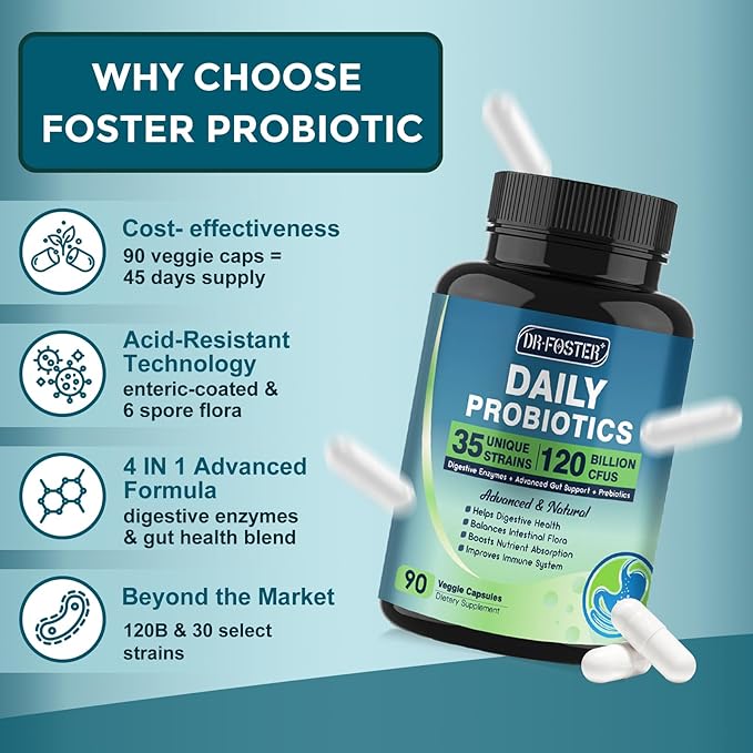 Probiotics for Women-Men Digestive Health with 120 Billion CFUs, Prebiotics and Probiotics for Women-Men, Digestive Enzymes, Nutrient Absorption, Immune Support, 90 Veggie Caps (45 Days Supply)