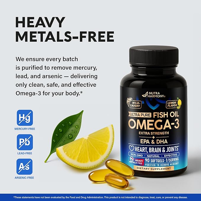 Omega 3 Fish Oil 3600 mg - Omega 3 Supplement | EPA & DHA - Heavy Metals Free - Heart, Brain & Joint Support - Purified Fish Oil for Men & Women - Burpless, Lemon Flavored - Made in USA, 120 Softgels