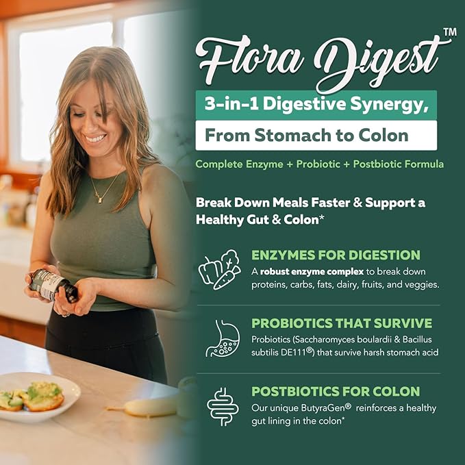 Flora Digest - 3-in-1 Max Strength Digestive Enzymes + Gut Surviving Probiotics & ButyraGen® Postbiotic for Optimal Digestion, Bloating Relief, Regularity, Gut Lining & Colon Support - (30 Capsules)