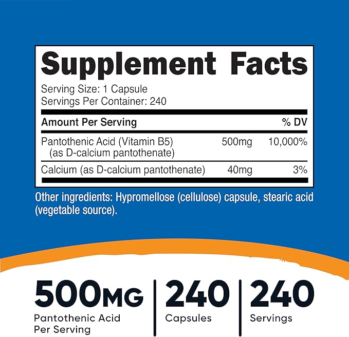 Nutricost Pantothenic Acid (Vitamin B5) 500mg, 240 Capsules
