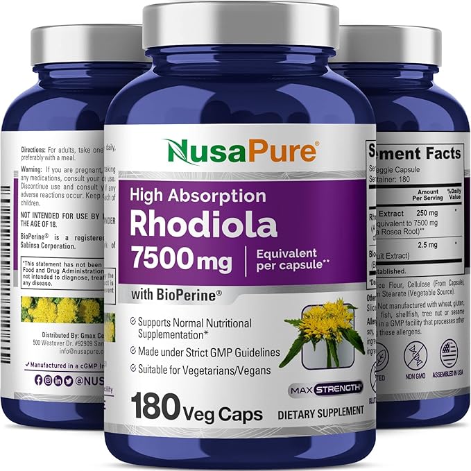 NusaPure Rhodiola Rosea 7,500mg 180 Veggie Capsules (Non-GMO, Extract 30:1, Vegan & Gluten-Free) Bioperine