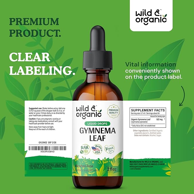 Wild & Organic Gymnema Sylvestre Extract Drops - Sugar-Free Gymnema Supplement for Overall Support - Gurmar Leaf Extract Tincture - Vegan, Alcohol-Free Liquid Drops - 2 fl oz