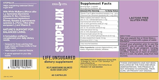 Stopglux 60 Capsules – Dietary Supplement for Sugar Intake and Dietary Habits with Chromium Picolinate, Coenzyme Q10 and Gymnema Sylvestre