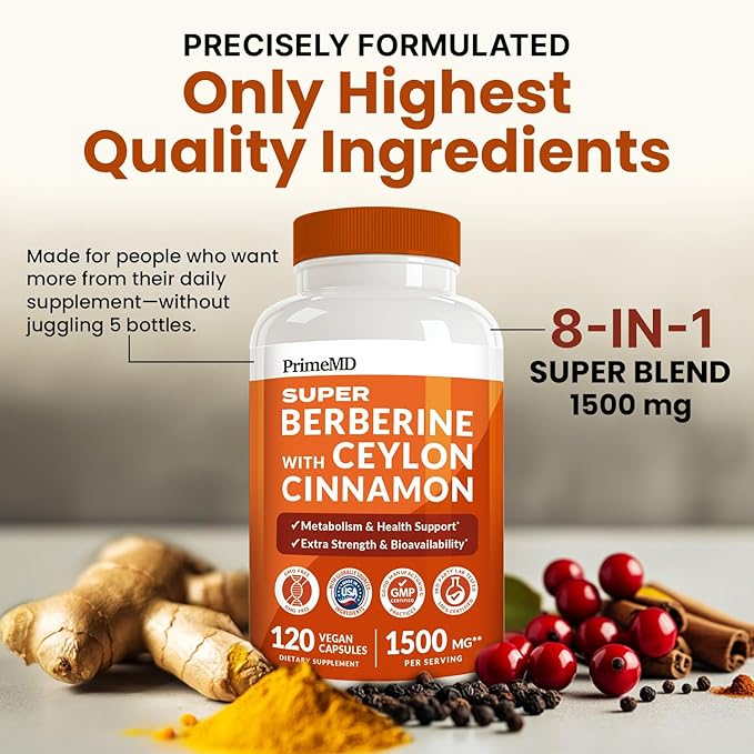 Super Berberine Supplement with Ceylon Cinnamon, BioPerine, Apple Cider, and Turmeric 1500mg - 8-in-1 Dihydroberberine Supplement for Overall Wellness and Balance Support, 120 ct