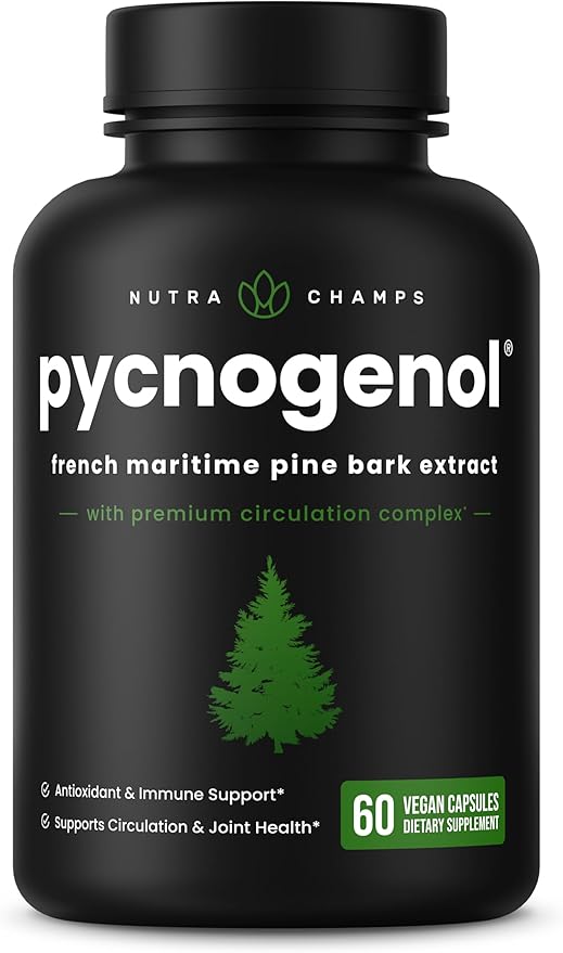 NutraChamps Pycnogenol French Maritime Pine Bark Extract, Premium Circulation Complex, Blood Flow, Nitric Oxide Production, Superior Absorption, Results with Black Pepper Extract, 60 Capsules