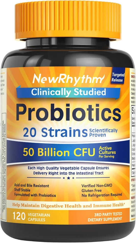 NewRhythm Probiotics 50 Billion CFU 20 Strains, 120 Veggie Capsules, Targeted Release Technology, Stomach Acid Resistant, No Need for Refrigeration, Pack of 1, Non-GMO, Gluten Free