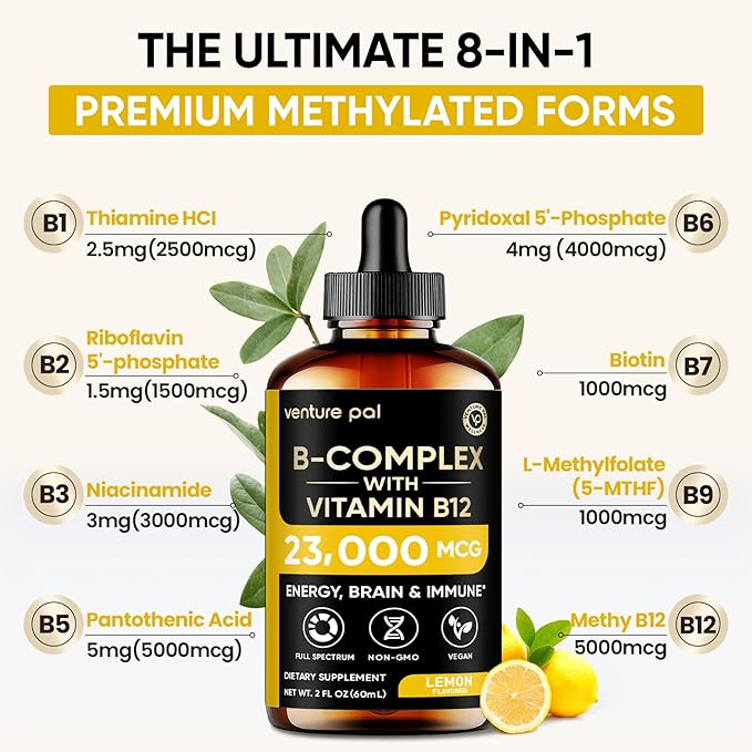 Venture Pal 11-in-1 Vitamin B Complex Liquid Drops, B12 Methylcobalamin | B9 Folic | B1,B2,B3,B5,B6,B7 - Vitamin C, Choline, Inositol, Immune & Energy Metabolism, Brain & Heart Support