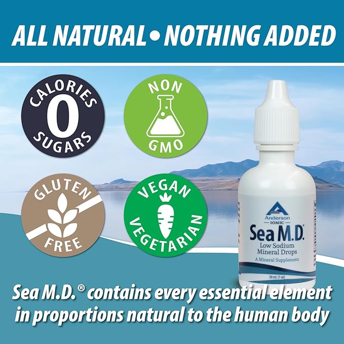 Anderson Sea M.D. Concentrated Trace Mineral Drops, Ionic Electrolyte Magnesium Supplement, Aids in Muscle Cramps, Liquid Magnesium and Trace Mineral, Easy to Take (1 Ounce)